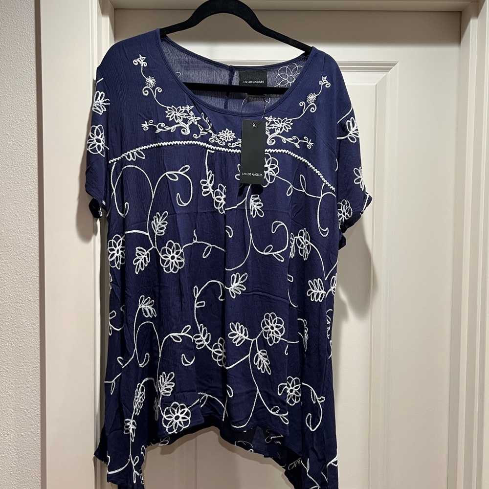 Cato Blue Asymmetrical Short Sleeve Blouse